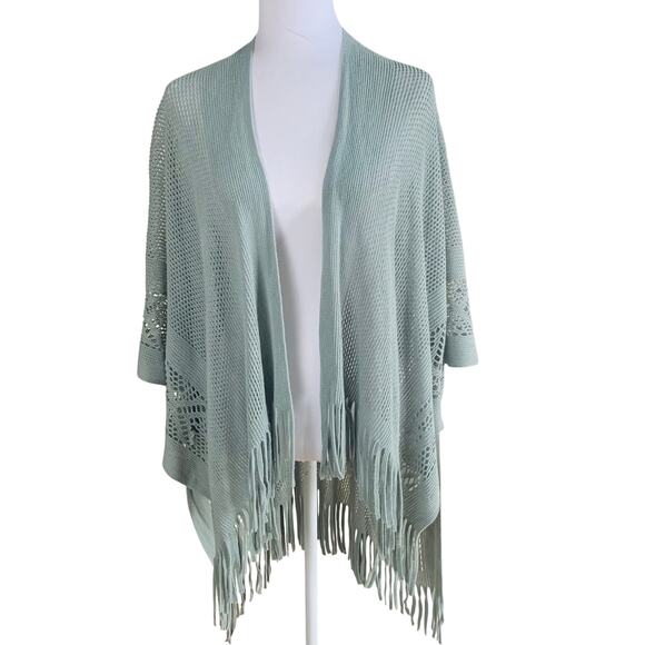 Nine West Open Knit Open Front Fringe Hem Knit Sweater Sage Green Bohemian - Picture 1 of 8